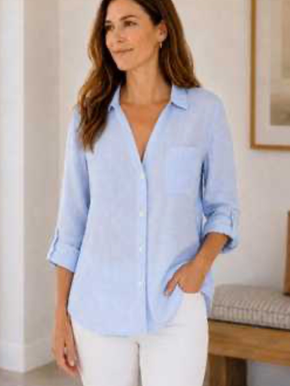 Sigrid Olsen 100% Linen Oversized blue and white striped Button Up Shirt - Picture 2 of 8